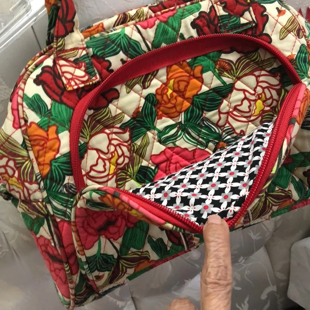 Quilted Floral Accent Hand Bag in Cream, Red & Green